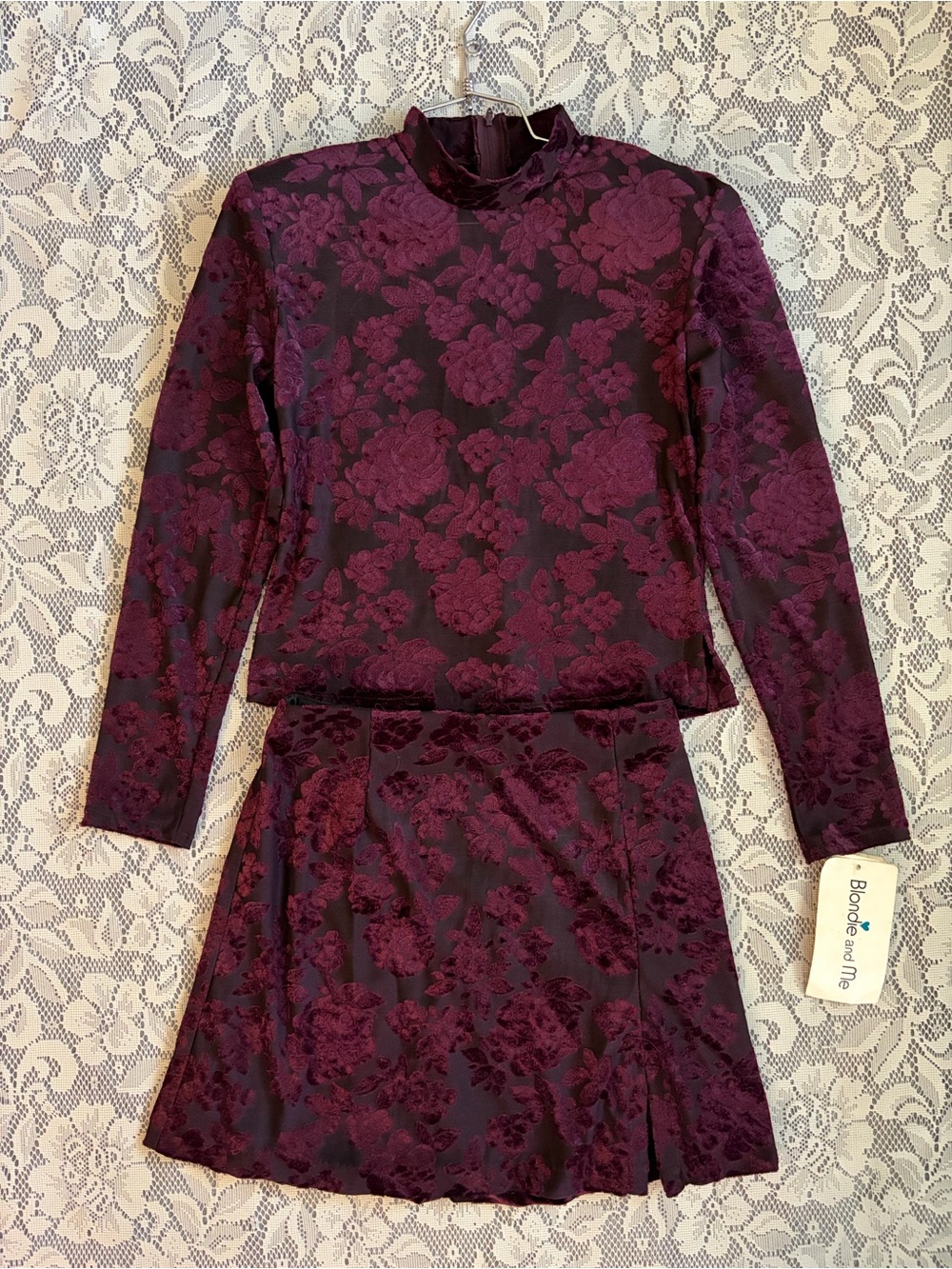 Blondie & Me Floral Velvet Burnout Mock Neck Top & Mini Skirt Set Vintage Y2K